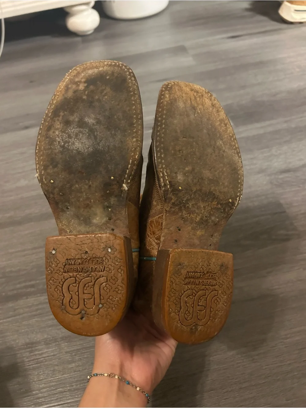 Anderson Bean Brown Kids Cowboy Boots with Turquoise Piping( left side sizing)